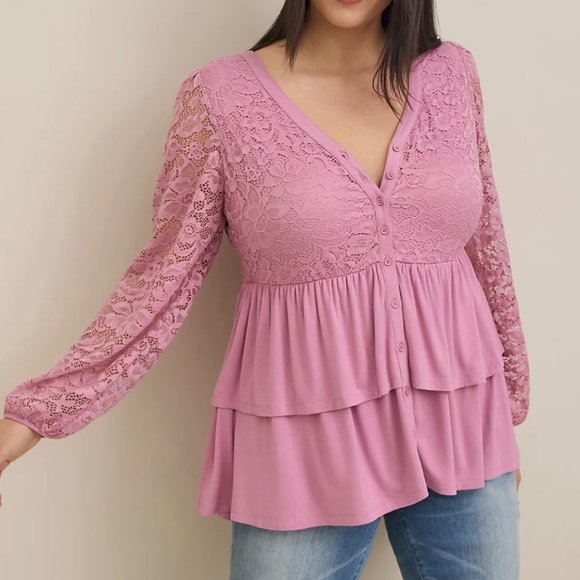 Torrid Plus Size 2X Pink Long Sleeve Lace Trimmed Button Front Tiered Top, NWT - Picture 3 of 4